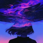 **a woman's head from behind in the dark looking up at the sky. The sky is beautiful and filled with stars and streaking details of color. --niji 6 --ar 2:3** - Image #2 <@656961830371196938>