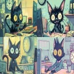 **Cute anthropomorphic black cat, big sparkling eyes, stylish and adorable outfit, frantically replying to emails with tiny paws, flustered and panicked expression, sitting at a cluttered office desk, pastel-colored office background, digital clock showing the time, comic book style, bold outlines, soft lighting, colorful ink shading, dynamic action lines, exaggerated expression, --ar 16:9 --v 6.0** - <@920522971204956200> (fast)
-# Create, explore, and organize on [midjourney.com](<https://midjourney.com/imagine?from_discord=1>)