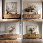 **a large floral abstract painting on canvas displayed above a modern rustic wood sideboard with black metal legs. the painting features neutral tones and faded, muted colors. the room has herringbone floors, reflecting a luxury home interior design that is both edgy and minimalist. --ar 51:64** - <@1313000520759377972> (fast)