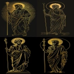 **San Judas Saint Jude Thaddeus holding a staff and halo, in a sticker-style, simple line vector illustration for screen printing design with gold on a black background. The lines should be bold and clear, suitable for embroidery designs. It's important that the outline of his body is well-defined to make it easy to cut out in post-production if incorporating into an actual stencil or colorized artwork. This could add depth and character to your overall visual presentation. --ar 63:128 --v 6.0 --s 250** - <@756269320539209761> (fast)