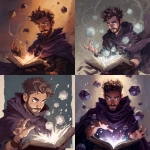 **a d&d character portrait depicting a young man with short brown curly hair, with realy short beard and eletrical eyes, wearing a dark purple cloak. he is throwing dice into the air from an open book he is holding, and his hands are glowing white as he casts magic. floating d20s surround him, in a fantasy art style painting. --ar 1:1** - <@568579821861339137> (fast)
