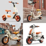 **white electric scooter with a white body, an orange hi-viz decals and gold logo, a small headlight on the front of the wheel, and one seat for children. the scooter is designed to be space-saving in an urban environment. it stands upright when not in use. there's a bike rack next to it. --stylize 750** - <@1043498067623686144> (fast)