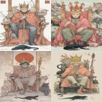**King of Wands tarot card in the style of yoshitaka amano. The image depicts a young king sitting on a throne, holding a wooden wand in his hand, wearing a crown and a robe, Behind him there is drawing of animals on his throne, a small black lizard is at attention below his feet. The illustration is painted in a pastel color palette, ink wash technique, bold lines, high contrast , hatching drawing, like characters from genshin impact. --ar 7:12** - <@409716268476923920> (fast)