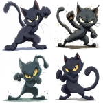 **A black cat is performing the kick pose, a simple flat illustration in a clip art style with thick outlines and no shadows on a white background. The cat has yellow eyes, fluffy fur, a long tail, and short legs. It appears to be angry or determined in its stance, with its paws raised as if it were kicking someone. This cartoon-like depiction of a cute feline martial artist adds an element of humor while also showcasing strength through its dynamic posture. The image is isolated on a white background. --ar 8:7 --v 6.0 --s 250** - <@756269320539209761> (fast)