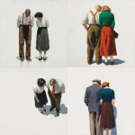**Realistic painting by edward hopper, front view, fuul body of a two parents looking down, White background, PNG, cutou** - <@1239424274461229137> (fast)