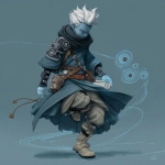 **fantasy art style. young air genasi misty stepping. He is a cleric with black hole iconography. he has bits of rogue gear mixed into his robes, such as a leather pauldron** - Image #3 <@784252075265490974>