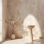 **Studio-style interior photo for furniture catalog use. A single empty plant stand or pedestal centered in the frame. The pedestal is completely empty. No items on top. No plants. No decor. No accessories. No objects of any kind on the stand or surrounding surfaces. Minimal boho interior design. Light neutral palette (off-white, soft beige, pale wood). Simple plaster wall background. Clean floor or tabletop surface with nothing placed on it. Bright diffused studio lighting, flat, even illumination, no directional light, no visible shadows, low contrast. Symmetrical composition, centered framing, large negative space, product documentation photography style, furniture design catalog aesthetic, DSLR quality, 50mm lens. --ar 4:3 --v 6.0 --chaos 0.5 --raw** - Image #3 <@1090435486935433258>