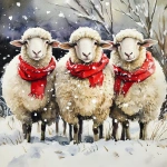 **3 funny sheep with red scarves in the snow in watercolor painting** - Image #1 <@1209087702813646848>