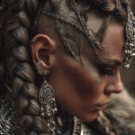 **close-up of a fantasy fierce Viking female warrior's intricate hairstyle with iridium adornments, --v 7.0** - Image #2 <@559099678189289495>