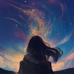 **a woman's head from behind in the dark looking up at the sky. The sky is beautiful and filled with stars and streaking details of color. --niji 6** - Upscaled (Creative) by <@656961830371196938> (fast)