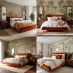**A bedroom in a desert art deco style with burnt orange colored velvet bed, walnut and gold nightstands, subtle southwest tan rug, all white bedding, olive green art deco palms wallpaper, and mirros with gold pendants over nighstands.** - <@1144662796194287688> (fast)