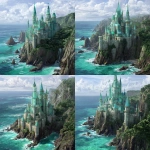 **A breathtaking castle made of sea-glass on the egde of a green cliff over looking the ocean. The castle reflects all colors of light and had banners of sea-green and blu eflyign from it's spires --v 7.0** - Variations (Strong) by <@501088304150741013> (fast)