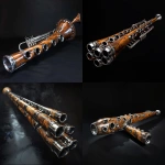 **natural wood didgeridoo-trumpet hybrid instrument, many small steel trumpet valves, protruding metal trumpet valves, dark background, high-tech cyber didgeridoo trumpet, futuristic design, cyber aboriginal artwork, sidelit, silver didgeridoo --v 6.0** - <@994500001264840706> (fast)