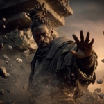 **cinematic still frame, a powerfully built African-American Jedi Master with a Yasuke-inspired dreadlock top-knot, his face a mask of grim determination, wearing dark charcoal and weathered leather robes. He stands in the crumbling ruins of an ancient Jedi temple, one hand raised to freeze an explosion of shattered rock in mid-air. His young female Padawan, blonde hair and terrified blue eyes, is at the center of the blast, enveloped in a swirling, unstable dark crimson energy. The scene is lit by a dramatic, fading sunset creating deep, long shadows and intense volumetric light cutting through atmospheric haze. Moody, gritty, high-contrast. Style inspired by Studio MAPPA and Takeshi Koike, hyper-detailed, 8k** - Image #3 <@692146423638261810>