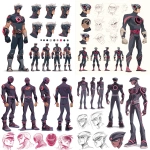 **retro-futuristic teenage male alien superhero character style sheet, charcoal-gray skin with glowing cracks, bold Retro Atomic Color Palette (deep black, crimson, chrome, violet), superhero costume with collapsing singularity chest emblem, belt buckle shaped like an eclipse, gloves and boots with jagged void-line cutlines, streamlined helmet with black-hole swirl motif, dynamic male superhero silhouette, thick bold outlines inked with a brush not a pen, strong contour emphasis, Darwyn Cooke + Bruce Timm inspired, action poses, neutral stance turnaround (front side back), expression sheet with heroic and emotional variations, clean white background for clarity --q 4** - <@1185246030099386559> (fast)