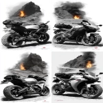 **a speeder motorbike standing on a rocky road, in the background on the winding road there is a bonfire with a flame --ar 1:2 --s 750 --sref <https://s.mj.run/PapqrsDryp0>** - Variations (Strong) by <@1167122440648937554> (fast)