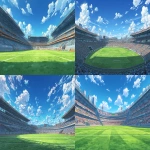 **a large soccer stadium with lush green grass, stands filled with enthusiastic fans, and an empty center field. the scene is depicted in an anime-inspired style, with bright, vibrant colors and a clear blue sky in the background. the image is high-resolution, detailed, and captured from a wide-angle perspective, resulting in a high-quality, high-detail rendering with no blur effect. --ar 16:9** - <@847316063481102406> (fast)