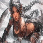 **a divine godess elf necromancer, jewelry, earrings, evil, with snowflake macrophotography, war with a horde of zombies in thundersnow, haze, snow storm, comic style by barry windsor-smith --ar 16:9 --profile ugu8e1j vol5ee9 xfugucl --niji 6** - Image #3 <@1083548883898089532>