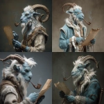 **a goat-like human. More human features than goat. Light blue skin and white fur. Smoking a pipe. Holding an open scroll.** - <@442905496559812618> (fast)