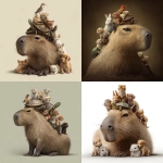 **realistic photo of a capybara with animals all around him and on top of him, creating a tower. Include a rabbit, a turtle, a bird, monkeys, puppies, and cats. Vertical arrangement** - <@1340376758884634665> (fast)