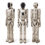 **a humanoid robot similar to the Unitree G1 . This is an original robot, humanoid in style, with its own unique "face". it should have a narrow waist, and look like the most recent technology. it should be lean and nimble. and it should have a kind, harmless nature. it should appear to be friendly. please show the robot design against a purely white background and provide front side and back angles. the robot should be about 5 feet tall. Realistic photography. Photoreal. --ar 16:9 --v 7.0** - Image #2 <@1081928187845542040>