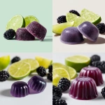 **close up photograph of 2 purple, flat dome shaped, quarter sized gummies. in the background are an assortment of lime wedges and blackberries on a solid white background** - <@1061750239708577893> (fast)