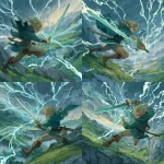 **DND art style, action shot. An elvish lanskneckt swinging their green-blue great sword crackling with lightning in a wide arc.** - Variations (Strong) by <@592548661985017856> (fast)