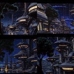 **anime style, cinematic, highly detailed scenery, outerspace station with lofi aesthetic, space pods, futuristic, planetside, glowing warm windows, floating structures and cables, large starscape sky, glowing stars and clouds, central tree, still water reflections, bonfire or warm light source, no people, Toei Animation style , dreamy night sky scenery , side view --ar 16:9 --sref <https://s.mj.run/FCt1ifw6VkE> --v 6.1** - <@743405100755845202> (fast)