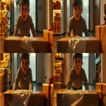 **<https://s.mj.run/KhKr0zYicTk> Cinematic film still, photorealistic. Low-angle close-up shot of the same boy from the reference image, filmed in slight counter-plongée. The camera frames his face and head closely, capturing his wide-eyed astonished expression as he unwraps a package. Only a small blurred edge of the gift box and torn wrapping paper is visible at the bottom of the frame as a foreground element, while the focus remains on the boy’s face. The background shows the empty office room with soft hints of stacked wrapped boxes, out of focus. Warm golden cinematic lighting highlights his expression, shallow depth of field, subtle film grain. Shot like a high-end Christmas commercial with an Arri Alexa cinema camera --ar 16:9 --v 6.0 --no cartoon, cgi, clutter --raw** - Variations (Subtle) by <@1072446343324385341> (fast, stealth)