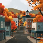 **simple flat illustration of a of a small town in the fall. With a street going down little shops. Same vibes as Gilmore Girls. some pumpkins in the background. Bright fall colours** - Image #1 <@1183849741679861822>