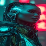 **realistic cyberpunk black female at night in a neon city background, red and turquoise. Strong with light from above, on the face. High contrast. The female is looking towards the camera 3/4 view, she has braids and a side shave, glowing eye cyber gear, glowing ear cyber gear. --ar 9:16 --v 7.0** - Image #4 <@1174469651695144981>