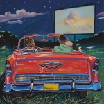 **imagine an African-American teenage couple in a 1955 Chevrolet Impala watching the big screen at a drive-in movie theater. Include 50's style movie audio speaker. Include food tray with box of popcorn. Color boldly with Crayola pencil colors --v 6.0 --ar 1:1** - Upscaled (Creative) by <@1195065809194717297> (fast)