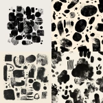 **Abstract black graphic composed of fragmented organic shapes. Irregular ink-like blobs, broken strokes, and isolated dots scattered loosely across a white background. No closed outlines, no complete silhouettes. Forms feel interrupted, cropped, or partially erased. Mix of soft-edged masses and sharp, hesitant strokes. Some curved echo-like marks suggesting motion or vibration. No center, no symmetry, no recognizable object. The composition should feel accidental and unbalanced. Flat, 2D graphic. Solid black shapes only. No texture, no shading, no gradients.** - <@389249015331422210> (fast)