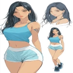 **<https://s.mj.run/fzRIC-MyvFA> concept art of young anime female with long straight black raven hair, amber anime eyes, detailed soft expression, cerulean sports top outlining her toned figure, athletic build, belly is covered by athletic shirt, exercise formfitting silk sofee shorts that are light blue with white outlines, exotic jeweled emblem, small fishbone tattoo on her upper left arm, cute athletic shoes with a dark color and corporate logo, attractive influencer, athletic build, thick thighs save lives, two tone shading, two tone coloring, multiple poses, prominent hips and backside, slender waist, various poses, shy yet some confidence, professional lineart --ar 20:33** - Image #3 <@299714843269791752>