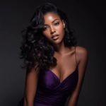 **Stunning Black African American woman with deep, rich dark skin, wearing a form-fitting purple gown. Her hair is long, silky, jet-black with a neat middle part, styled in soft, voluminous curls that frame her face similar to glamorous blowout curls. Full lips, long lashes, soft natural glam makeup, radiant skin. She leans forward slightly in a confident, feminine pose. Background is a sleek black gradient studio backdrop with subtle flash-photography highlights. High-fashion editorial lighting, ultra-realistic detail, smooth textures, luxury beauty aesthetic, 4k, portrait orientation. --v 7.0** - Upscaled by <@1344017073965240440> (fast)
