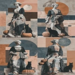 **A collage of an ancient Greek statue wearing modern Halloween fashion, standing in the Egyptian Museum in The Valley of Rosicrucian. She wears a black, white, pink, blue and grey patterned dress in the style of Gucci and her black cat and pumpkin next to it. A mahogany geometric graphic design inspired in the style of Thomas Gainsborough, using newspaper and other midjourney swag materials, flat perspective, muted colours, digital art techniques, mixed media, high resolution. --ar 57:88 --v 7.0 --s 250** - Variations (Strong) by <@1007106543935823902> (relaxed)