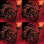 **A dungeons and dragons style comic book illustration of a muscular red female pit fiend devil holding a flaming mace and wearing a crudely crafted iron helm that covers her eyes, horns and spikes should come out of her dark red skin, claws, bits of crude armor --v 7.0 --ar 2:3** - Variations (Region) by <@478047972412620803> (fast)