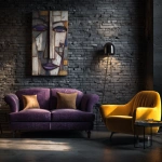 **an ultra-realistic photo depicting the concept of an interior design for a living room, featuring an elegant purple sofa and wall art with a face in the style of picasso, rendered in geometric shapes and framed on dark brick walls. the lighting is warm and inviting, casting soft shadows to accentuate the textures of both the furniture and the artwork. this scene embodies contemporary luxury with a touch of modern artistic flair. --ar 71:67** - Image #4 <@1313000520759377972>