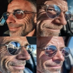**A close-up of the reflection in round sunglasses, a photo from an iPhone camera of a middle-aged man with short grey hair and stubble wearing silver-rimmed glasses. The circular mirror is reflecting a car window, and we can see him driving through a stadium. He has slight wrinkles around his eyes, but he looks very happy and relaxed. His skin coloration is light-skinned. In the background, you will see the entrance to the home field for the San Francisco Giants baseball arena. --ar 111:128 --s 250** - <@908623560245911562> (fast)