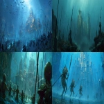 **Concept art of an underwater city made out of stone and metal, filled with water-dwelling monsters holding spears in the air while standing on their hind legs, inspired by The Lord of the Rings, in the style of Greg Rutkowski. --ar 64:29 --s 50** - <@320125518664040448> (fast)
