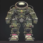 **A flat, straight-on elevation illustration of a retro-futuristic astronaut suit designed in the style of Syd Mead and vintage 1980s sci-fi comics. The suit stands centered on a charcoal black or dark gray background with no shadows or lighting. Rendered with bold outlines, clean panel divisions, and no perspective depth. The design features a large chrome bubble helmet, segmented armor-like paneling in olive green, and oversized Moon Boots with bubblegum pink accents. Chrome silver details and sparse lemon yellow touches complete the palette. The style is purely graphic solid fills, no gradients, no realism. Feels like a gear schematic for a space-racing pilot aboard a spacecraft, printed as part of a vintage Moon Boot command deck manual. --v 6.0 --ar 9:16 --raw** - Image #1 <@1053079618342633592>