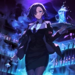 **Anime, A night club filled with smoke and mirrors that reflect the single beauty walking forward, it's a woman in a business jacket and a long pencil skirt, dark brown stockings, she's carrying a tray with a large pitcher of ice, her hair midnight blue with purple tips and short cut hair ending around the shoulders, confident smile, narrow squinting blue eyes, pencil thin black eyebrows flat --niji 6** - Image #1 <@372629349565988865>