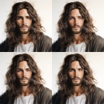 **on a white background, color chalk drawing of a very beautiful model man portrait with long dark brown shouler length hair and deep warm captivating eyes, staring at me looking like Jesus Christ, and God --v 5.2** - Variations (Region) by <@1037958970922512454> (fast)