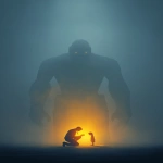 **A vertical, cinematic scene set in thick, misty fog. In the background, a colossal, ghostly figure stands facing directly forward the massive shoulders and torso of a humanoid giant with a head made entirely from the U.S. Capitol dome. The dome is seamlessly integrated, intimidating, expressionless, and symbolic of systemic power and political threat. The giant looms in silence, ethereal and cold, with minimal detail except strong architectural and structural weight in its form. In the foreground, a glowing doctor figure kneels with deep compassion. The figure is made entirely of radiant light warm gold and white and is gently listening to the heartbeat of a small glowing child using a clearly visible stethoscope. The doctor’s posture is intimate and protective. The child stands calmly, trusting. Both figures glow from within and are the only light source in the scene, casting light into the fog that gently reveals the presence of the looming Capitol-giant. The composition emphasizes the massive scale contrast between the giant and the glowing human figures. Visual style is painterly or digital illustration poster-ready, dramatic, and reverent. Chiaroscuro lighting, soft fog diffusion, and strong emotional impact. Use warm glow for the figures and cool grays and blues for the giant and background. Emotion: quiet defiance, compassion under pressure, light in systemic darkness. --ar 2:3 --v 7.0** - Upscaled by <@801873084395028480> (fast)