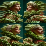 **Abstract, long-exposure portrait of a kid dressed as a head of lettuce in Belle Epoque fashion, their silhouette blurred in fluid motion beneath flickering gaslight chandeliers. Cascading layers of delicate lettuce ruffles and lace sleeves dissolve into painterly streaks, evoking a surreal fusion of haute couture and garden whimsy. The darkened room suggests a velvet-draped Parisian theatre, bathed in grainy soft focus and lit by ethereal turquoise and dusky rose highlights, casting shimmering reflections on lacquered floors and stained-glass panels. Their verdant costume flows like ink in water, caught mid-gesture in a ghostly sweep of time. A nostalgic film grain overlays the entire image, like a lost glass-plate negative, while soft light blooms around their figure, forming a gentle halo of innocence and mystery. The mood is poetic and otherworldly as if captured during a Belle Époque séance inside an art nouveau dream. High resolution, surreal motion blur, tonal color grading, and cinematic lighting. --ar 2:3 --profile sdrrzng --ow 50 --stylize 350 --oref <https://s.mj.run/5UfkGHZpf1w> --v 7.0** - Variations (Strong) by <@1197624915298357348> (relaxed)