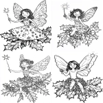 **A whimsical storybook coloring page illustration of a cheerful Christmas Fairy with butterfly wings, sitting on a large holly branch. She is smiling and holding a small wand tipped with a glowing star. Her dress is made of leaves and berries. Clear black outlines, engaging scene, activity page style. --ar 17:22 --stylize 50 --v 6.1 --no shading, color, grey, gradients, realistic, photo, 3d, shadows, filled-in** - <@1056554354854854686> (fast)