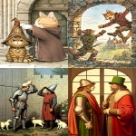 **John Backflip a cat who invented the backflip who was exiled for witchcraft meets his arch rival William Frontflip in a medieval painting of cute cats --niji 7 --ar 3:4 --stylize 1000 --chaos 100 --weird 1000 --raw** - <@937851746712186921> (relaxed)