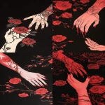 **A red arm with tattoos reaching out to touch the wrist of another person, a black background with roses and thorns in the style of horror manga, shojo anime aesthetic, lovecore, red on white, dark crimson and light bronze, romantic illustrations, romanticized nostalgia, dark reflections, detailed ink lines, graphic novel paneling, minimalistic ink illustration, hard-edged line drawing, hand-drawn, low angle, pure reds, dark blacks, flat colors, stylized. --ar 9:20 --s 50 --v 6.1** - <@699706172105556009> (fast)
-# Create, explore, and organize on [midjourney.com](<https://midjourney.com/imagine?from_discord=1>)