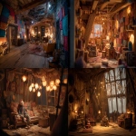 **A cozy marionette’s loft apartment, strings anchored to ceiling beams, furniture stitched from patchwork fabrics, oversized sewing needles in the walls, warm amber light filtering through button-shaped windows --v 7.0 --ar 3:2 --raw** - <@1017562001381265439> (fast)