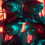 **realistic cyberpunk black female, at night, with neon lights in the background, red and turquoise. Strong light from above, on the face. High contrast. The female is looking towards the camera 3/4 view, she has braids, glowing eye cyber gear and an ear piece --ar 9:16** - Variations (Strong) by <@1174469651695144981> (fast)
-# Create, explore, and organize on [midjourney.com](<https://midjourney.com/imagine?from_discord=1>)